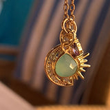 Stainless Steel gold plated sun moon stars rhinestone Necklace