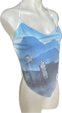 Sky blue graffiti street culture shredded cut up t shirt handkerchief style retro halter crop top