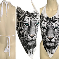 Icy blue eyed backless white tiger shredded handkerchief style retro halter top