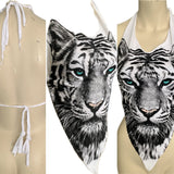 Icy blue eyed backless white tiger shredded handkerchief style retro halter top