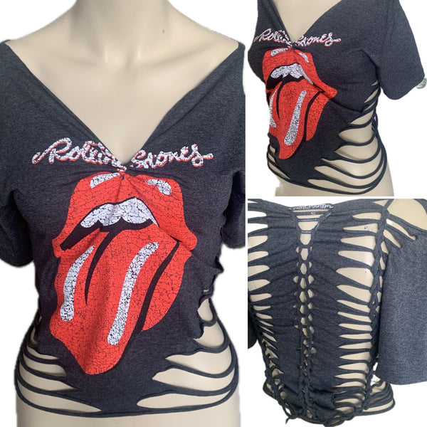 Satisfaction overly shredded backless slit weave shredded cut up t shirt