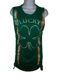 Green lucky shirt shamrock 4 leaf clover St Paddy’s day overly shredded slit weave micro mini dress