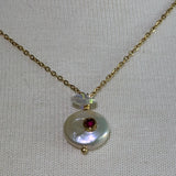 Stainless Steel gold toned garnet coin Pearl and rhinestone star Necklace