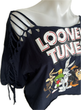 Festival Fashion Looney Tunes shredded backless retro slit weave t shirt