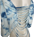 Blue tie dye backless cut up slitweave cut up woven v neck t shirt crop top