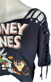 Festival Fashion Looney Tunes shredded backless retro slit weave t shirt