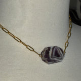 Gold plated brass chunky purple marbled stone DIVINELY GUIDED paperclip rhinestone compass necklace