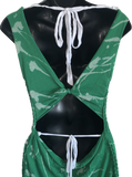 Green Is the theme  lucky shirt bleached shamrock 4 leaf clover St Paddy’s day overly shredded slit weave kiss me I’m Irish leprechaun costume backless micro mini dress