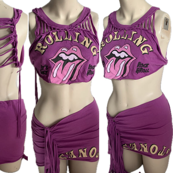 Start me up 2 pc set white reworked slit weave t shirt shredded halter crop top fringe micro mini skirt