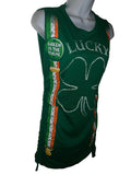 Green lucky shirt shamrock 4 leaf clover St Paddy’s day overly shredded slit weave micro mini dress