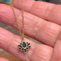 Stainless Steel gold plated tiny lotus REBIRTH black cz FLOWER Necklace