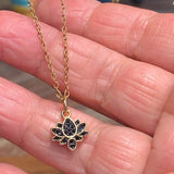Stainless Steel gold plated tiny lotus REBIRTH black cz FLOWER Necklace
