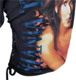 Shania Twain let’s go girls overly shredded backless slit weave asymmetrical cut up woven t shirt crop top