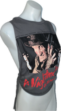Don’t fall asleep a nightmare on elm street Freddy Krueger Halloween spooky deconstructed cut up backless crop tank top woven slitweave t shirt