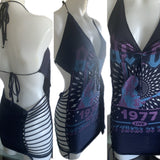 Let there be Rock 77 Festival Fashion overly shredded halter backless retro slit weave fringe micro mini concert t shirt