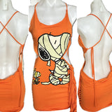 Trick or treat Snoopy Woodstock Peanuts mummy sexy costume cut up t shirt backless slit weave fringe halter micro mini dress