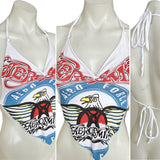 80s Festival Fashion Aerosmith Aero Force shredded cut up retro white handkerchief style halter crop top t shirt XXXS XXS XS S