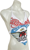 80s Festival Fashion Aerosmith Aero Force shredded cut up retro white handkerchief style halter crop top t shirt XXXS XXS XS S