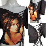 Shania Twain let’s go girls overly shredded backless slit weave asymmetrical cut up woven t shirt crop top