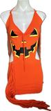 Trick or treat pumpkin jack o lantern sexy costume cut up t shirt backless slit weave fringe halter micro mini dress