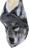 Icy blue eyed backless wolf shredded handkerchief style halter top XS S