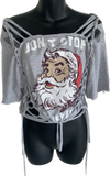 Don’t stop believing Santa clause Christmas Reworked overly shredded backless T Shirt crop top