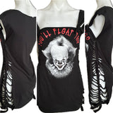 Pennywise you’ll float too IT clown Halloween costume cut up slit weave sideless Micro Mini tshirt tank dress