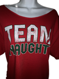 Christmas Holiday backless naughty list slit weave shredded cut up woven tshirt