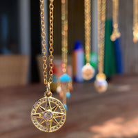 Stainless Steel gold plated DIVINELY GUIDED rhinestone compass necklace