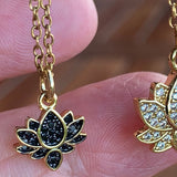 Stainless Steel gold plated tiny lotus REBIRTH black cz FLOWER Necklace