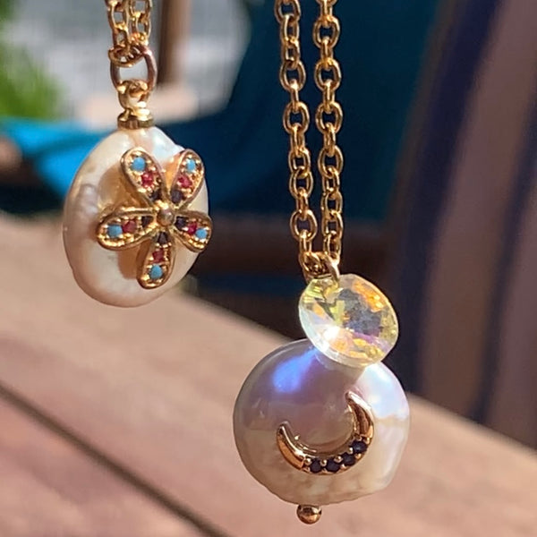 Stainless Steel gold toned cz moon coin Pearl Necklace