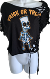 Halloween cartoon Bart Simpson  The Simpsons skeleton halloween costume overly shredded slit weave cut up woven backless asymmetrical t shirt
