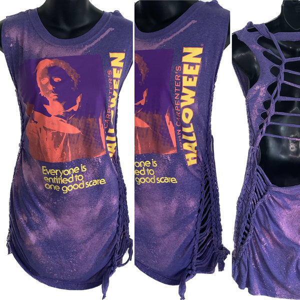 Halloween Classic Horror Movie bleached Micro Mini dress shredded slit weave t shirt