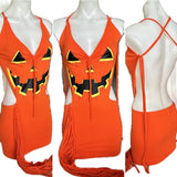 Trick or treat pumpkin jack o lantern sexy costume cut up t shirt backless slit weave fringe halter micro mini dress