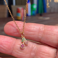 Stainless Steel gold plated double cherry rhinestone cherries Necklace