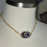 Gold plated brass chunky purple marbled stone DIVINELY GUIDED paperclip rhinestone compass necklace