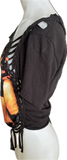 Shania Twain let’s go girls overly shredded backless slit weave asymmetrical cut up woven t shirt crop top