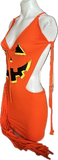 Trick or treat pumpkin jack o lantern sexy costume cut up t shirt backless slit weave fringe halter micro mini dress