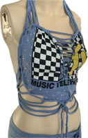Reworked I want my Mtv cut up slit weave crystal rhinestone halter crop top cut up t shirt fringe micro mini skirt