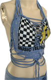Reworked I want my Mtv cut up slit weave crystal rhinestone halter crop top cut up t shirt fringe micro mini skirt