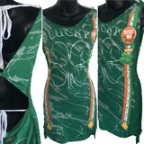 Green Is the theme  lucky shirt bleached shamrock 4 leaf clover St Paddy’s day overly shredded slit weave kiss me I’m Irish leprechaun costume backless micro mini dress