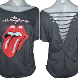 Satisfaction the Rolling Stones shredded backless slit weave v back cut up woven t shirt