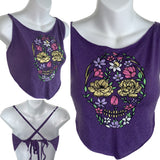 Purple sugar skull day of the dead shredded backless halter handkerchief style crop tank top cut up good sparkly graphic tshirt