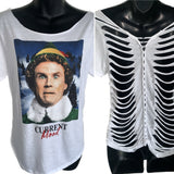 Elf Christmas movie graphic holiday backless cut up woven current mood t shirt