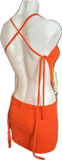 Trick or treat pumpkin jack o lantern sexy costume cut up t shirt backless slit weave fringe halter micro mini dress