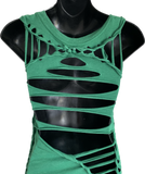Green lucky shirt shamrock 4 leaf clover Paddy’s day overly shredded slit weave backless micro mini dress