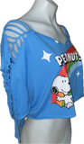 BFF classic Peanuts comic book snoopy and Woodstock Festival Fashion backless overly shredded retro slit weave t shirt crop top