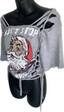 Don’t stop believing Santa clause Christmas Reworked overly shredded backless T Shirt crop top