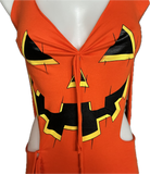 Trick or treat pumpkin jack o lantern sexy costume cut up t shirt backless slit weave fringe halter micro mini dress