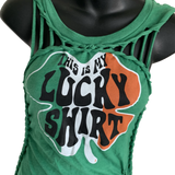 Green lucky shirt shamrock 4 leaf clover Paddy’s day overly shredded slit weave backless micro mini dress